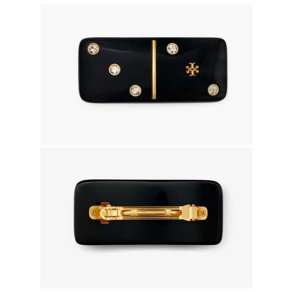 TORY BURCH Kira Black Domino Gold Logo Studded Barrette Hair Clip